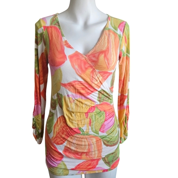 CAbi Tops - Women Size M CAbi Floral Faux Wrap Tulip Ruched 3/4 Sleeve Top